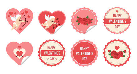 Cute Flat Design Valentine s Day Stickers with Cupids Hearts and Roses EPS10 Stock.eps