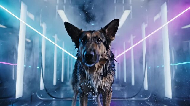 A German Shepherd Dog in a Futuristic Cyberpunk Shower.