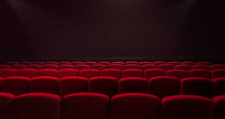 3D render of empty cinema hall with rows of red seats. Digital illustration of dark theater interior with comfortable velvet chairs. Entertainment and premiere background with copy space.