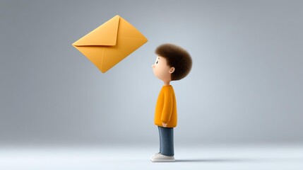 Debt over income concept, A boy gazes at a floating envelope, creating a sense of wonder.