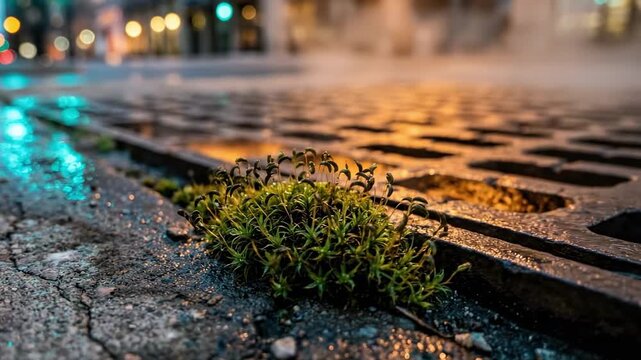 tortula. A resilient patch of green emerges from the cracks of a wet cobblestone street, illuminated by soft city lights and steam rising, highlighting the blend of urban life and nature