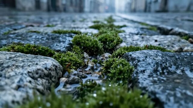 tortula. A close-up view of wet cobblestones, intricately interspersed with vibrant green moss, capturing the beauty of nature reclaiming urban space in a misty atmosphere