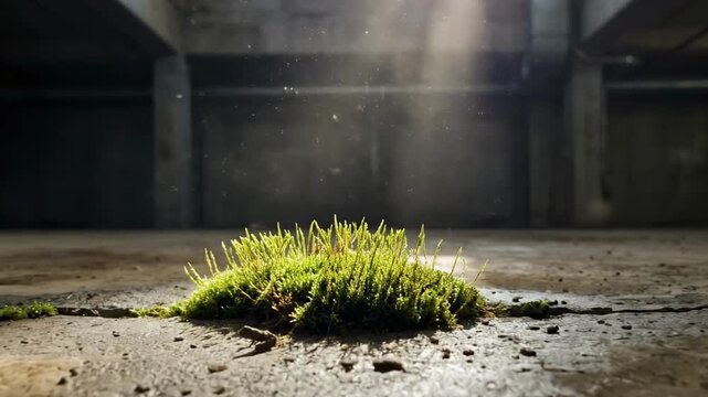 tortula. A small patch of vibrant green grass emerges from the cracked concrete floor of an abandoned space, illuminated by dramatic rays of sunlight filtering through the dim setting above