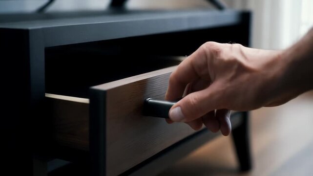 Closeup of hand opening and closing a tv stand drawer in slow motion showcasing smooth movement and design