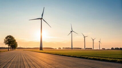 A serene landscape featuring wind turbines at sunset, highlighting renewable energy and nature's beauty along a paved path.