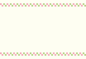 ひな祭りなど春の和のイベントに使える春色の市松模様風の上下飾りフレーム素材　ピンク・白・緑色の和風な飾り罫つき背景画像ベクターイラスト