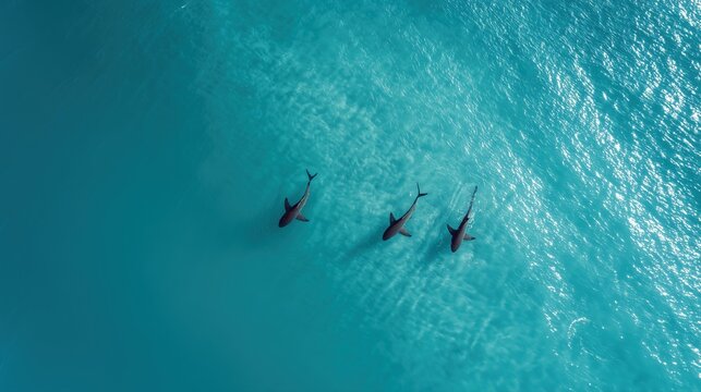 Aerial view of sharks swimming in the ocean, blue water, drone photography.