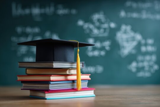 Black graduation cap sits atop a stack of colorful books against a green chalkboard with mathematical formulas in the background.