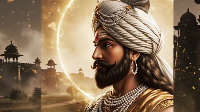 Shivaji Maharaj royal portrait video motion animated footage and animation for Jayanti celebration with Maratha warrior halo and historic fort background