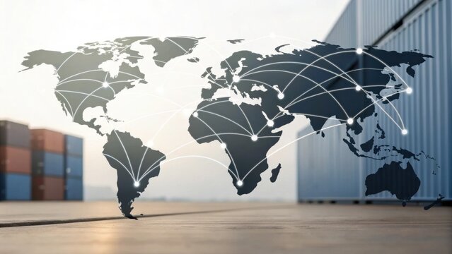 A stylized world map overlaying shipping containers, symbolizing global trade and connectivity in logistics and transportation.