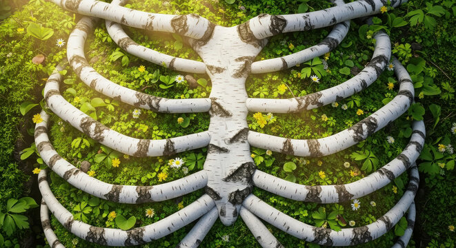 Tranquil Transformation: Hyper-detailed 8k macro shot showing a human ribcage evolving into white birch branches, cradling a sun-drenched, blooming forest floor below, bathed in golden volumetric ligh