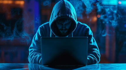 Naklejka premium A hooded figure intensely focused on a laptop screen in a dark and mysterious environment with blue lighting.