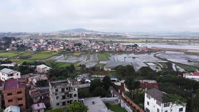 Aerial View of Antananarivo City Skyline and Surrounding Rice Fields, Madagascar