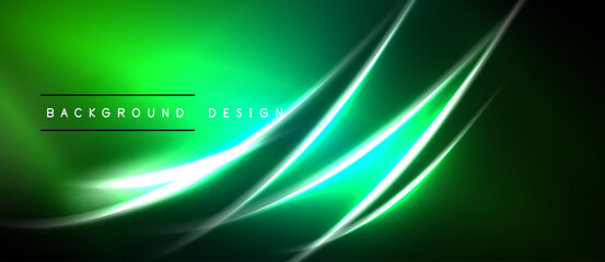 Naklejka premium Abstract green background features flowing neon lines. Smooth gradients create dynamic visual effect. Modern design element for digital projects.
