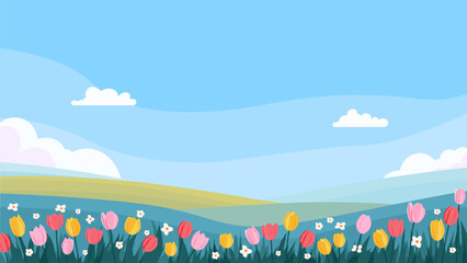 Spring panoramic landscape with fields and wildflowers, hills, and a blue sky with clouds. Spring nature with flower meadows. Vector illustration of a spring landscape. © Evgeniia