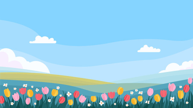 Spring panoramic landscape with fields and wildflowers, hills, and a blue sky with clouds. Spring nature with flower meadows. Vector illustration of a spring landscape.