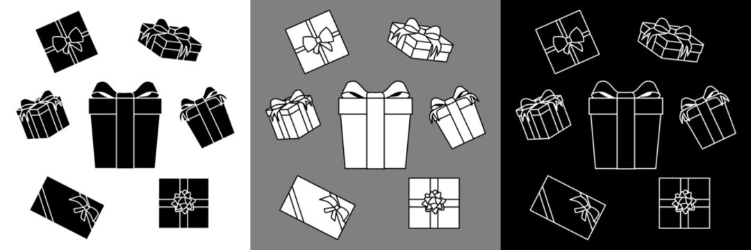 PICTO-CaEnsemble de pictogrammes en forme de cadeaux - silhouette noire d&eacute;tour&eacute;e, silhouette blanche au contour noir et contour blanc sans fond.deau-x3