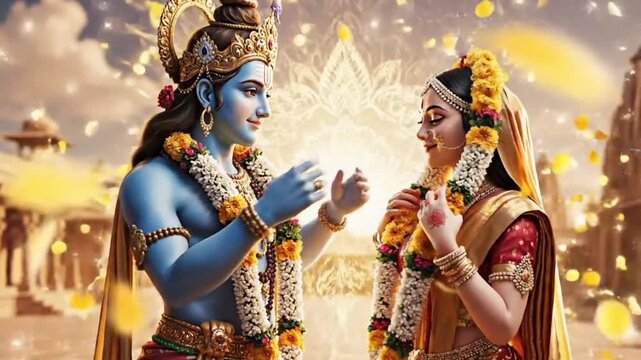Rama sacred wedding blessing video motion animated footage and animation with Sita for Ram Navami festival in royal temple setting golden light devotion scene