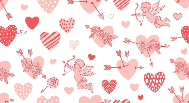 Hand drawn Valentine s Day Seamless Pattern Hearts Cupids Arrows Roses EPS10 Stock.eps