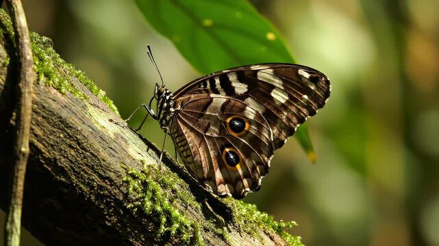 Beautiful owl butterfly resting on a mossy branch in a tropical forest