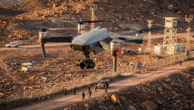 Aerial Patrol Over Border Security Outpost: A High-Tech Drone Surveillance Mission for National Defense in a Remote, Arid Landscape Near a Secure Military Installation