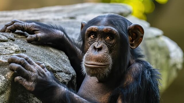 Chimpanzee Resting on a Rock, Looking Upward with Curiosity.