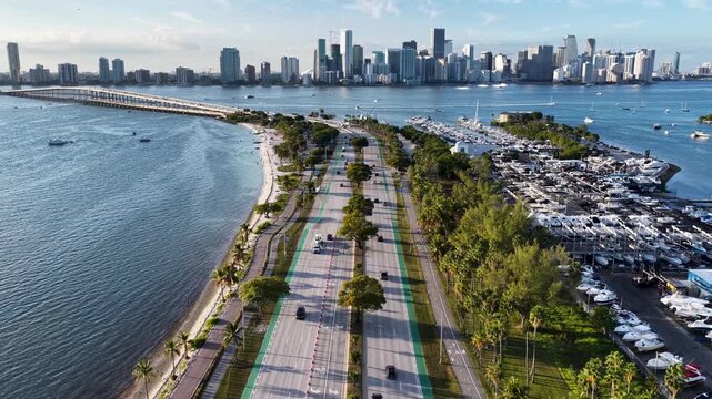 Miami Skyline At Miami In Florida United States. Beach Landscape. Downtown District. Travel Destination. Miami Skyline In Florida United States. Nature Seascape.