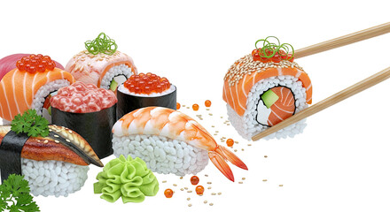 Assortment of Sushi and Sashimi with Wasabi and Chopsticks