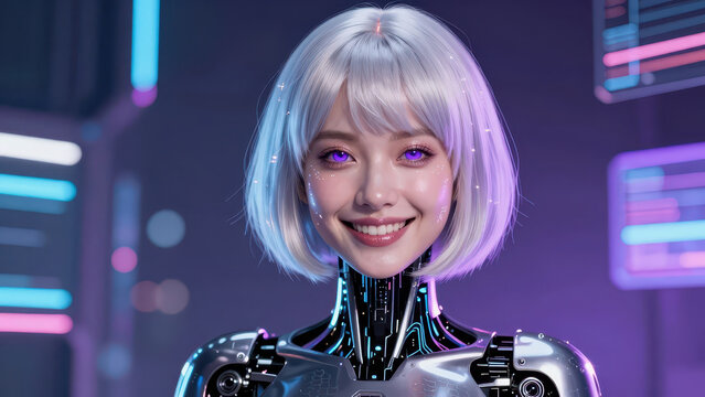 Futuristic female android with silver bob haircut, glowing purple eyes, luminous skin accents, and cybernetic neck and torso in neon laboratory, smiling warmly in soft purple lighting