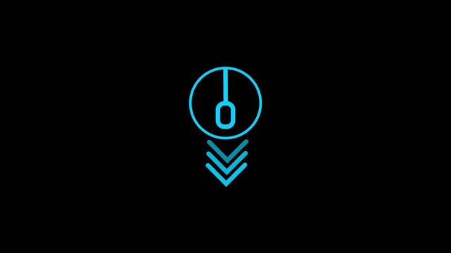 Blue neon computer mouse icon with downward arrows on black background symbol technology