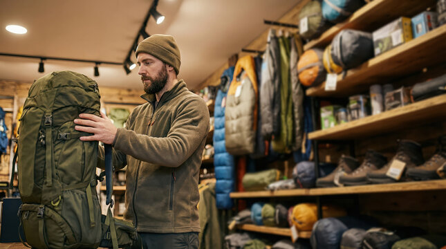 Man examines a backpack in an gear shop while preparing for a hiking trip during the day