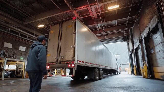 A tractor trailer backs into a loading dock bay with a warehouse worker guiding it captured in medium action co 0e49f895 2