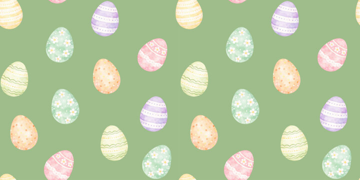 Watercolor Easter eggs seamless pattern with pastel decorated eggs on soft green background, perfect for Easter wrapping paper, spring textiles and festive designs