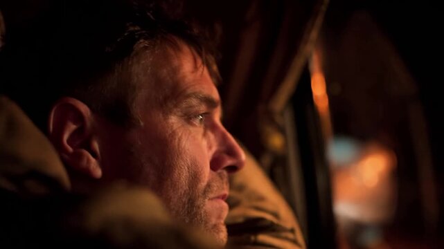A truck driver rests in the cozy sleeper cabin of a truck during a night delivery route surrounded by soft ambi