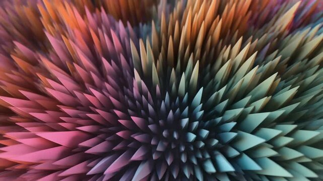 Highly detailed 3D abstract fractal structure with sharp geometric spikes in vibrant gradient colors. Futuristic digital art, complex geometry, modern sci-fi aesthetic, and dynamic visual composition 