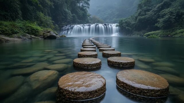 Tranquil waterfall cascading over a path of smooth stones in a pristine river.
