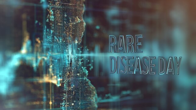 Banner with abstract medical data visualization background, floating holographic charts and genetic sequences softly blurred, central focus area with text "RARE DISEASE DAY" in modern bold font