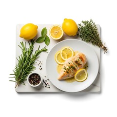 Perfect plated chicken breast, herbs, lemon, spices, flat lay composition.