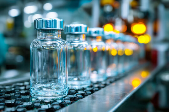 Transparent glass vials with metallic caps lined up in a pharmaceutical production line showcasing sterile packaging and pharmaceutical manufacturing process in a fa