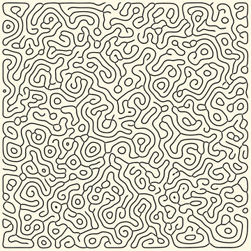 Abstract organic maze pattern with fluid black lines on a light beige background, resembling a complex cellular network or intricate labyrinth.