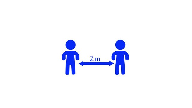 Two Blue Figures Maintaining Two Meter Distance on White Background Keywords: social, distancing, distance, two, meters, 2m, people, figures, icons, blue, graphic, symbol, safety, health, pandemic