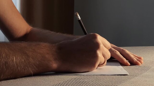 A cinematic shot of a person's hands writing or sketching on a piece of paper with a pencil.