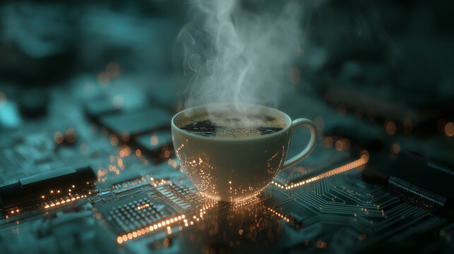 Futuristic Hot Coffee Cup on Glowing Digital Circuit Board Representing Technology Lifestyle, Innovation, Productivity and Artificial Intelligence Concept