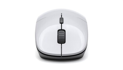 A sleek, white computer mouse with a black scroll wheel and cord
