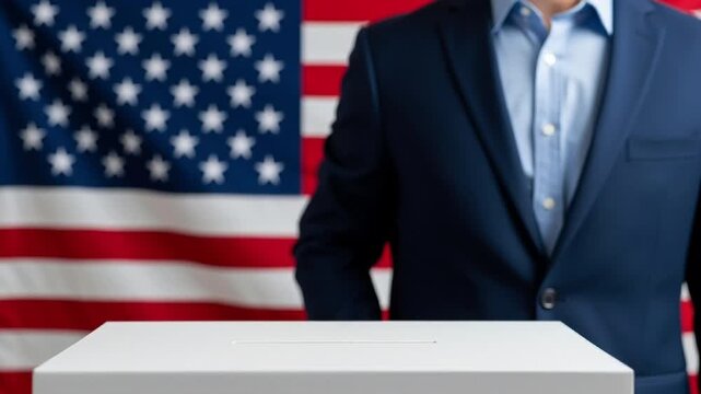 Hand Placing a Paper Ballot into a Voting Box with the United States Flag in the Background