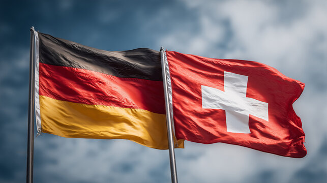 german and swiss flag waving next to each other in the sky. germany switzerland relations