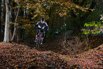 Naklejka premium Mountain Bike Action Through Autumn Forest Trail With Rider Jumping On Leaves