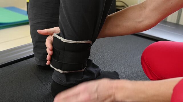 A close-up of a physical therapist putting weights on a patient's legs, no faces.