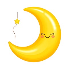 A smiling crescent moon with a star on a string