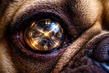 A dog's eye with a clock in the center of it